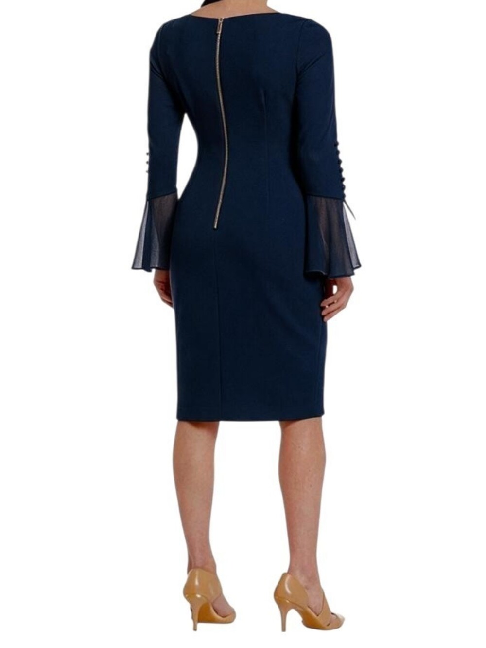 NWT Calvin Klein Navy Bell-Sleeve Sheath Dress Size 4P - Picture 6 of 8